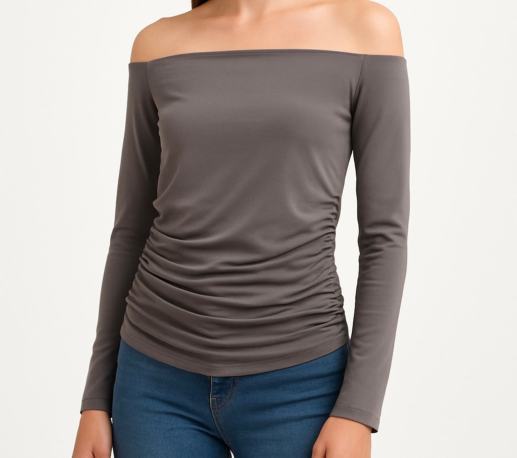 Top de Manga Larga Fruncido Almaz Colectiva - Elegancia Casual en Gris