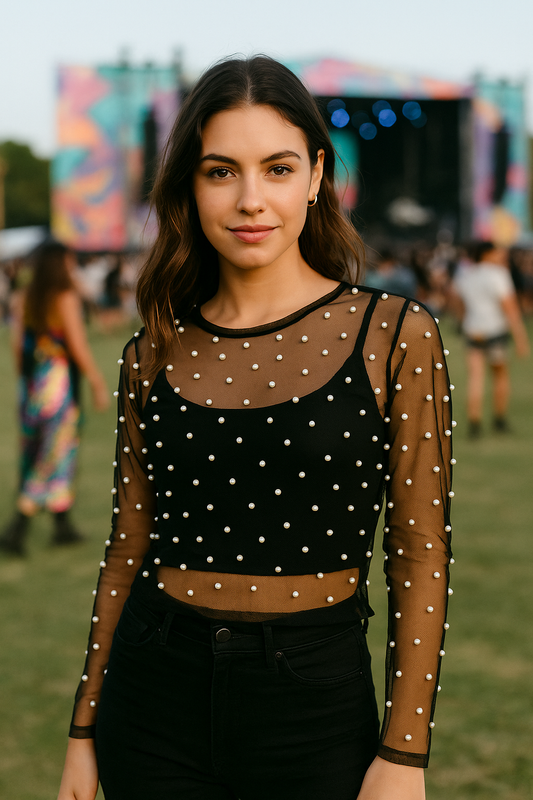 Top de Malla Transparente con Perlas - Elegancia y Sofisticación - Almaz