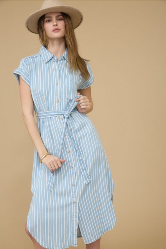 VESTIDO DE RAYAS CELESTE