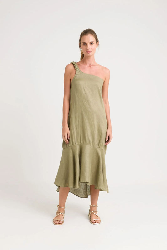 Vestido Vélez de Lino con Hombro Descubierto y Detalle Trenzado